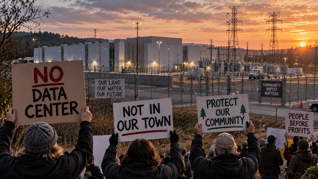 Protesters opposing a large land-based data center project near a power substation
