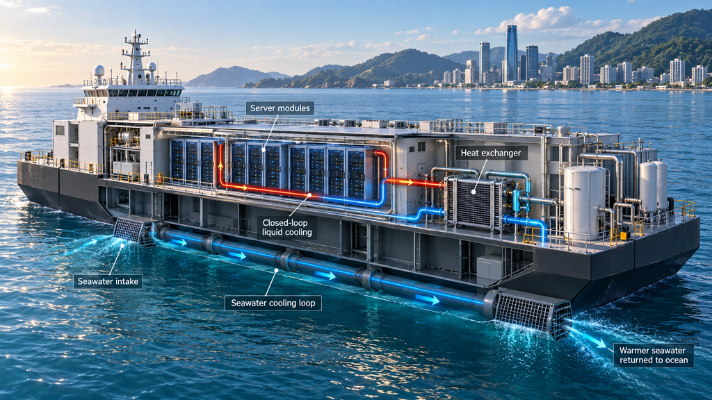 Cutaway view of a floating data center showing server modules, heat exchangers and seawater cooling loops