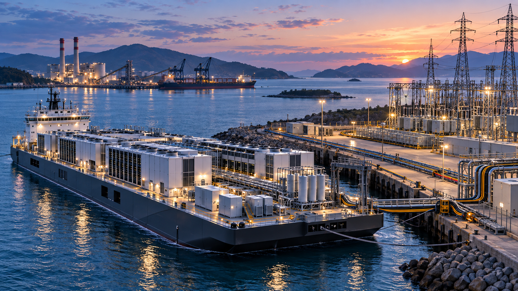 Floating data center moored near coastal industrial power infrastructure at dusk