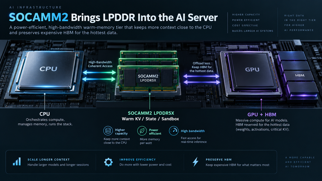 AI server architecture showing CPU, SOCAMM2 LPDDR5X warm memory, GPU and HBM with data moving between CPU-side memory and accelerator memory.