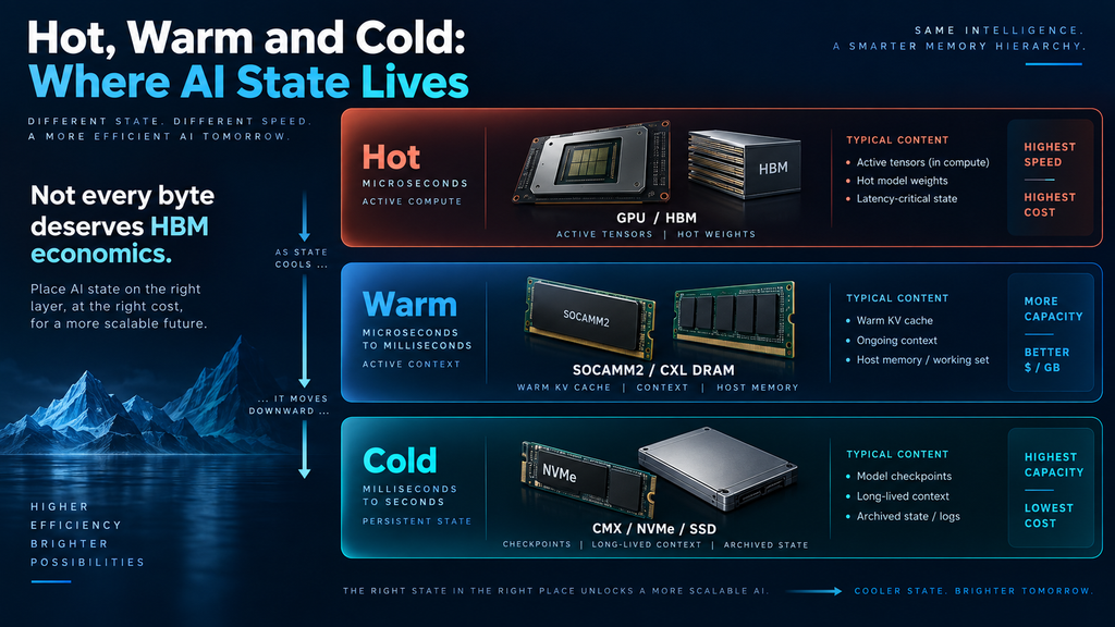 Hot warm cold AI memory hierarchy showing HBM for active tensors, SOCAMM2 and CXL DRAM for warm context, and NVMe SSD for persistent AI state.