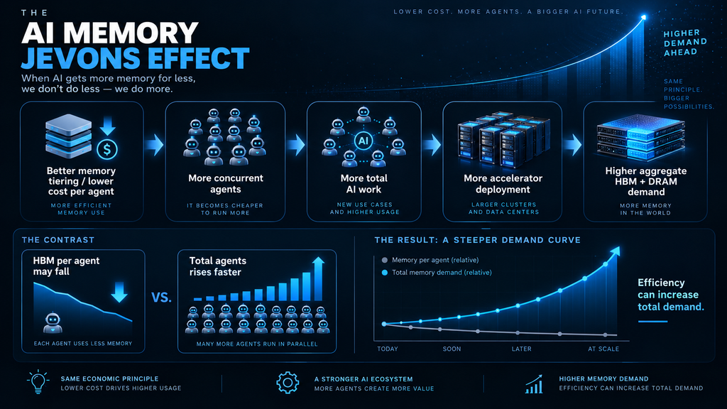 AI memory Jevons effect diagram showing lower memory cost per agent leading to more AI agents, more accelerator deployment and higher total HBM and DRAM demand.