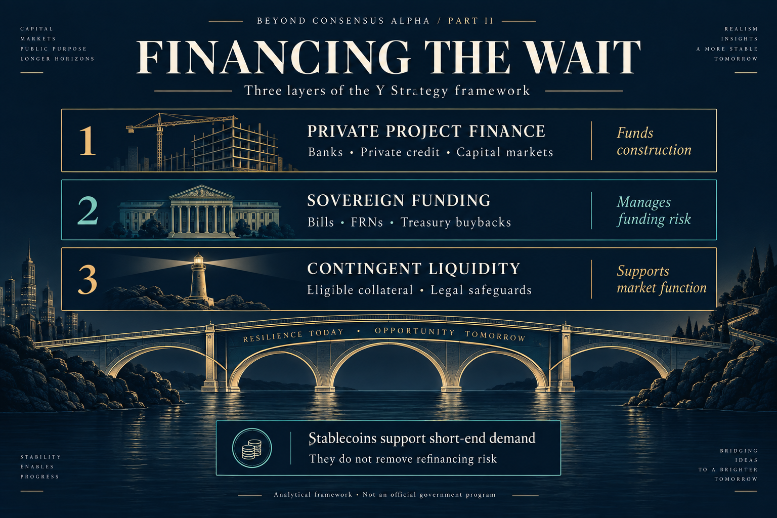 Three distinct layers cover private project finance, sovereign funding and contingent liquidity; stablecoins support short-end demand without removing refinancing risk.