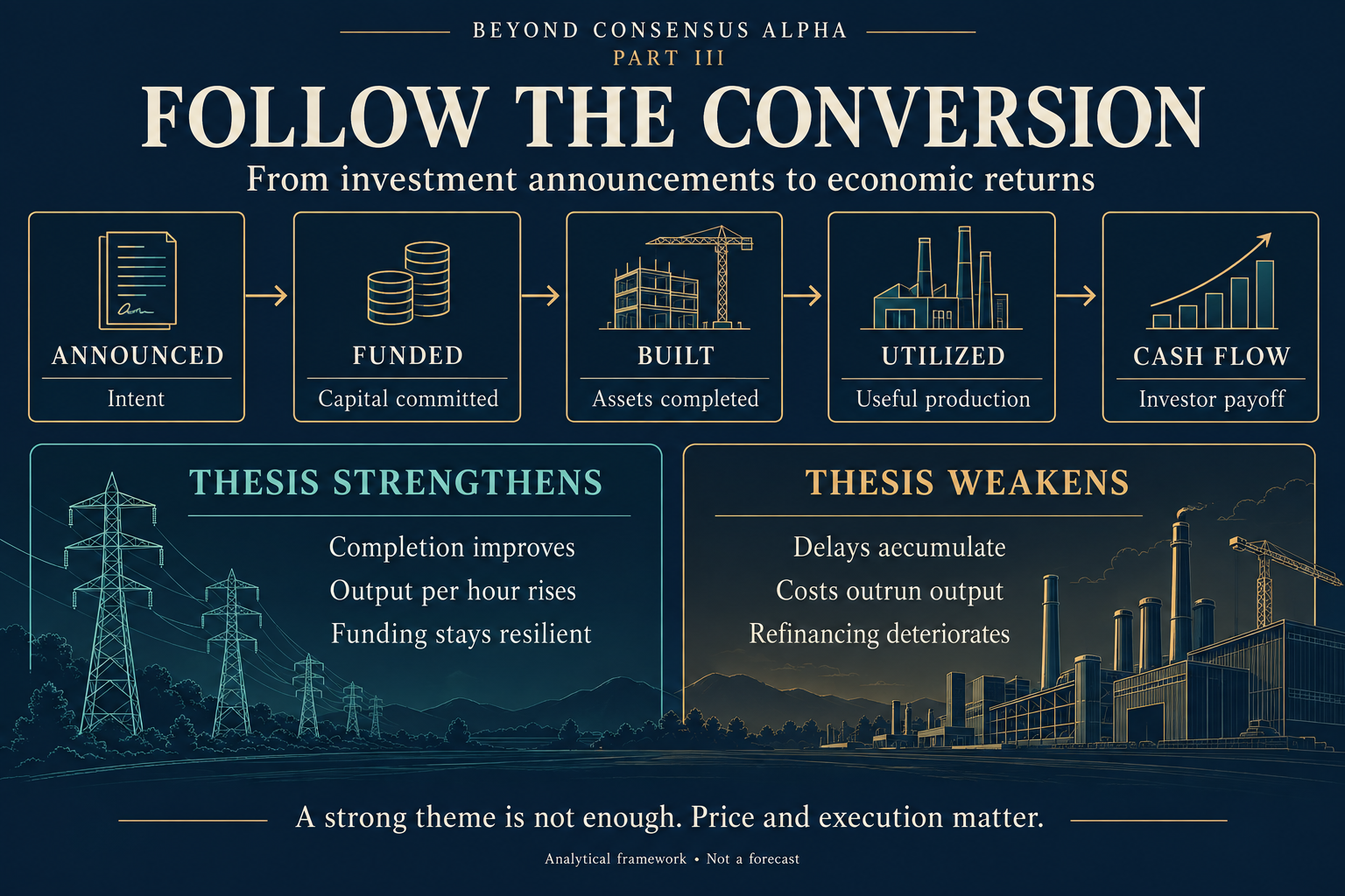 Five investment milestones run from announced to funded, built, utilized and cash flow, with separate signals that strengthen or weaken the thesis.